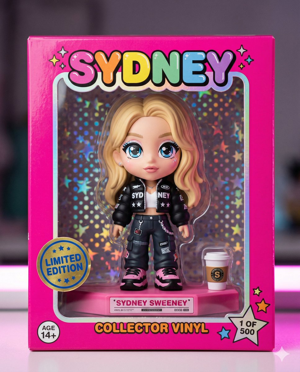 专业摄影棚玩具摄影，主题为限量版 Sydney Sweeney 设计师乙烯基收藏人偶。该人偶为风格化夸张造型，拥有超大、富有表现力的闪亮蓝色眼睛、标志性的柔软…