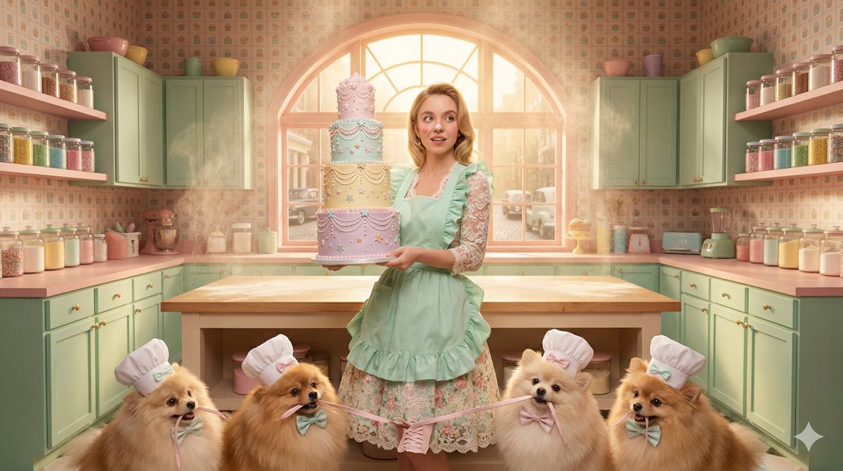 电影级广角编辑风格人像摄影，镜头中是悉尼·斯威尼（Sydney Sweeney）饰演的一位笨拙却迷人的美食糕点师，场景设在一间精心对称、灵感来自韦斯·安德森风…