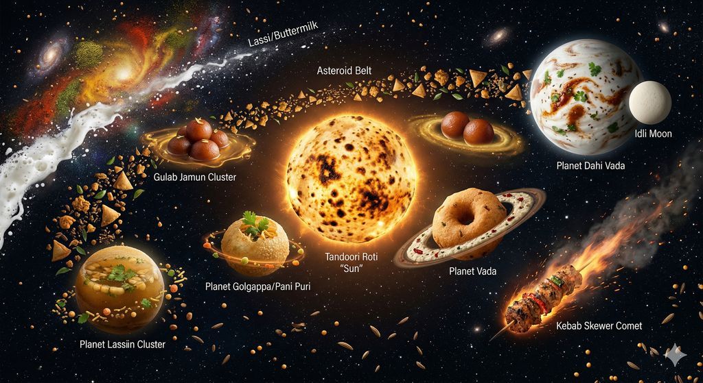 创建一个宇宙/太空场景,各种印度街头小吃漂浮在深空中,仿佛它们是美味星系中的行星、卫星和天体。 【美食太阳系】 - 中心(太阳):一个巨大的圆形馕坑烤饼(ta…