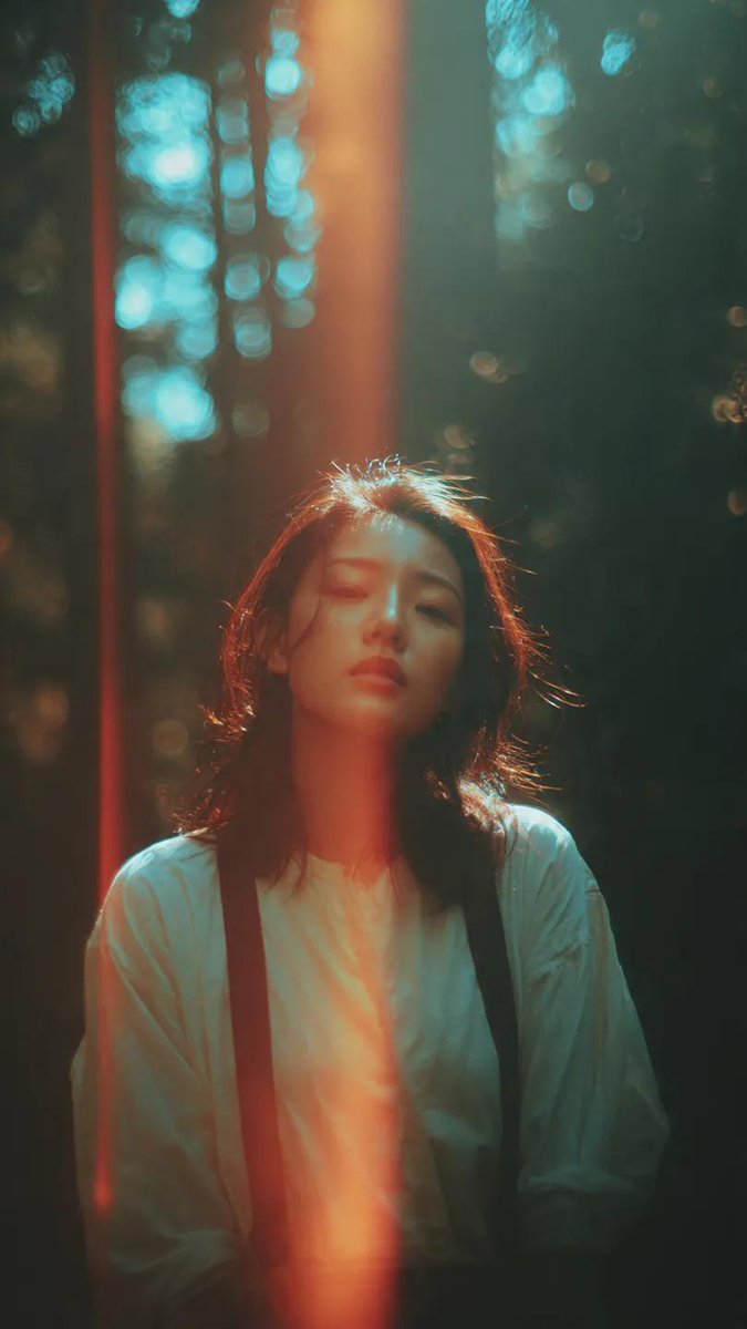 一位亚洲女性伫立于静谧森林中的电影感肖像,在她微微回头望向镜头的瞬间被捕捉下来。柔和的阳光透过高大的树木洒落,在她面庞与身体上形成极具戏剧性的光影交错。一道明显的竖向漏光条纹贯穿…