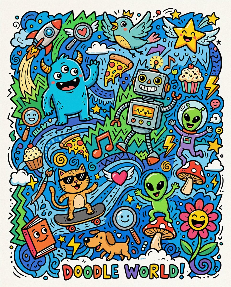 一幅充满活力、色彩缤纷的涂鸦艺术风格插画，描绘了一组异想天开的卡通人物和物品，每一个都带有夸张的表情和俏皮的姿态，密集地填满整个画面。背景是蓝色波浪形状与绿色锯齿形状的动态俏皮混…