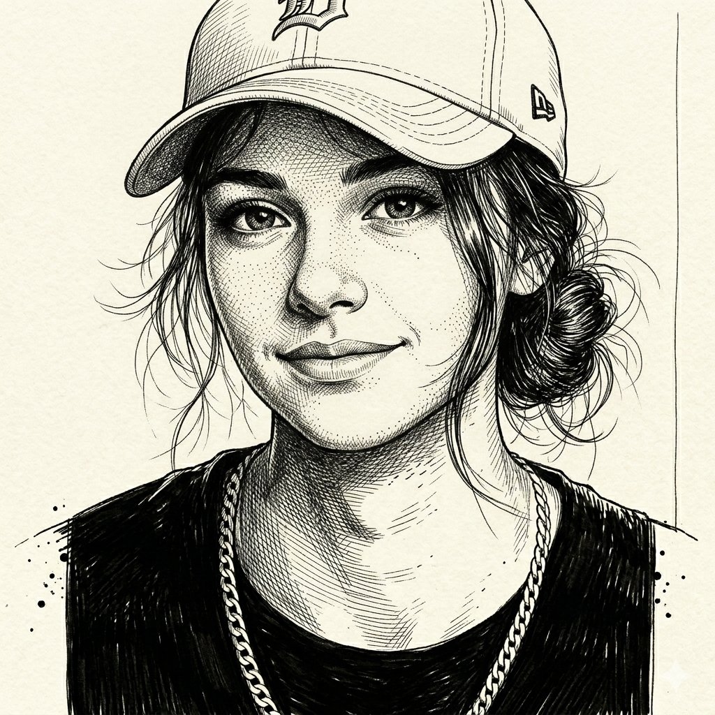 一幅高对比度的钢笔素描肖像，描绘一位神情真挚、目光深情的年轻女性，基于一幅细腻的铅笔素描。风格采用繁复的交叉影线与细密点画技法来营造深度与阴影。她的头发松散地盘成凌乱的发髻，几缕…