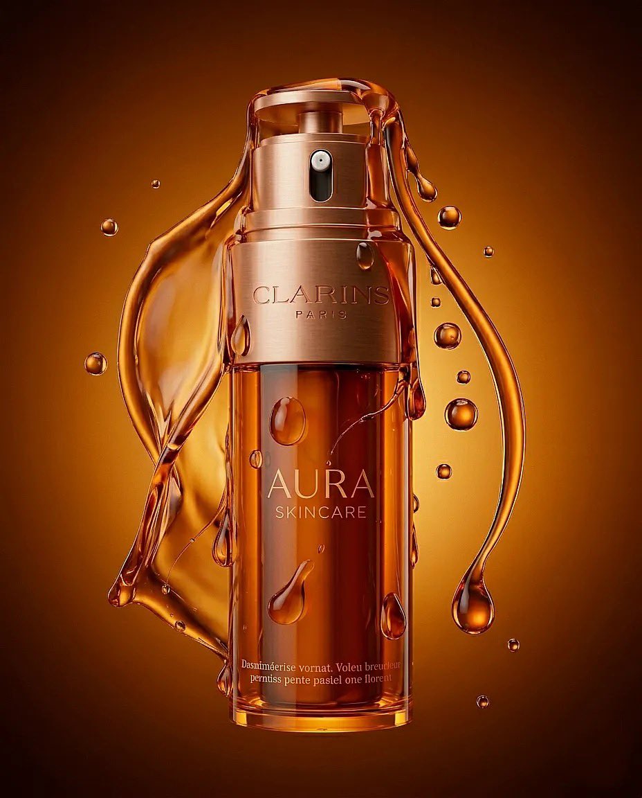 “超现实时尚产品摄影:一只巨大的琥珀色护肤品瓶(Clarins Aura)放置在一个极简盒子房间内的橙白格子地板上,温暖的纯橙色灯光,一位时尚女性戴着太阳镜、穿着桃色夹克伸手去够…