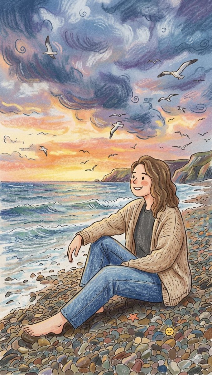 一幅充满奇思妙想的手绘彩色铅笔与蜡粉笔画,描绘一位有着波浪状棕发的年轻女子安静地坐在卵石海滩上。她身着一件舒适宽松的米色针织开衫与蓝色牛仔裤,眺望着海面上绚丽的日落。天空戏剧性地…