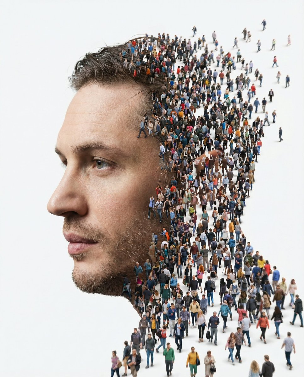 纳米香蕉提示词 一张超现实的双重曝光人像肖像，画面中为一个侧面朝左的男子，肤色柔和自然，面部特征精致细腻。她的右半边脸消融为一股由成千上万微小人形构成的巨大流…