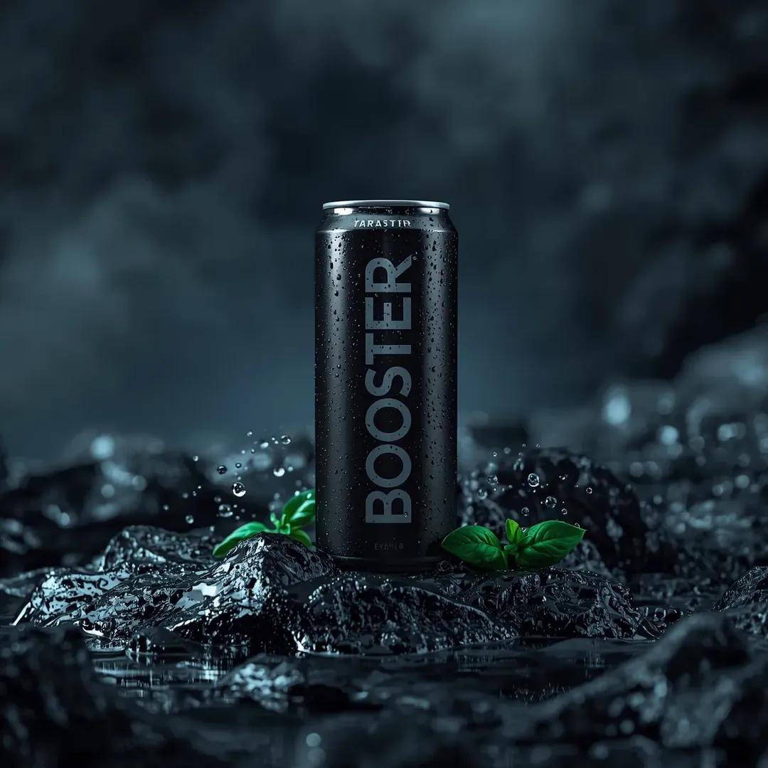 高端商业产品摄影：印有“BOSTER”标签的光滑黑色饮料罐立于深色自然环境中的湿岩石上，周围是飞溅到半空中静止的水滴，罐底周围有新鲜绿叶，带冷蓝色调的氛围感电影打光，罐身有光泽反…