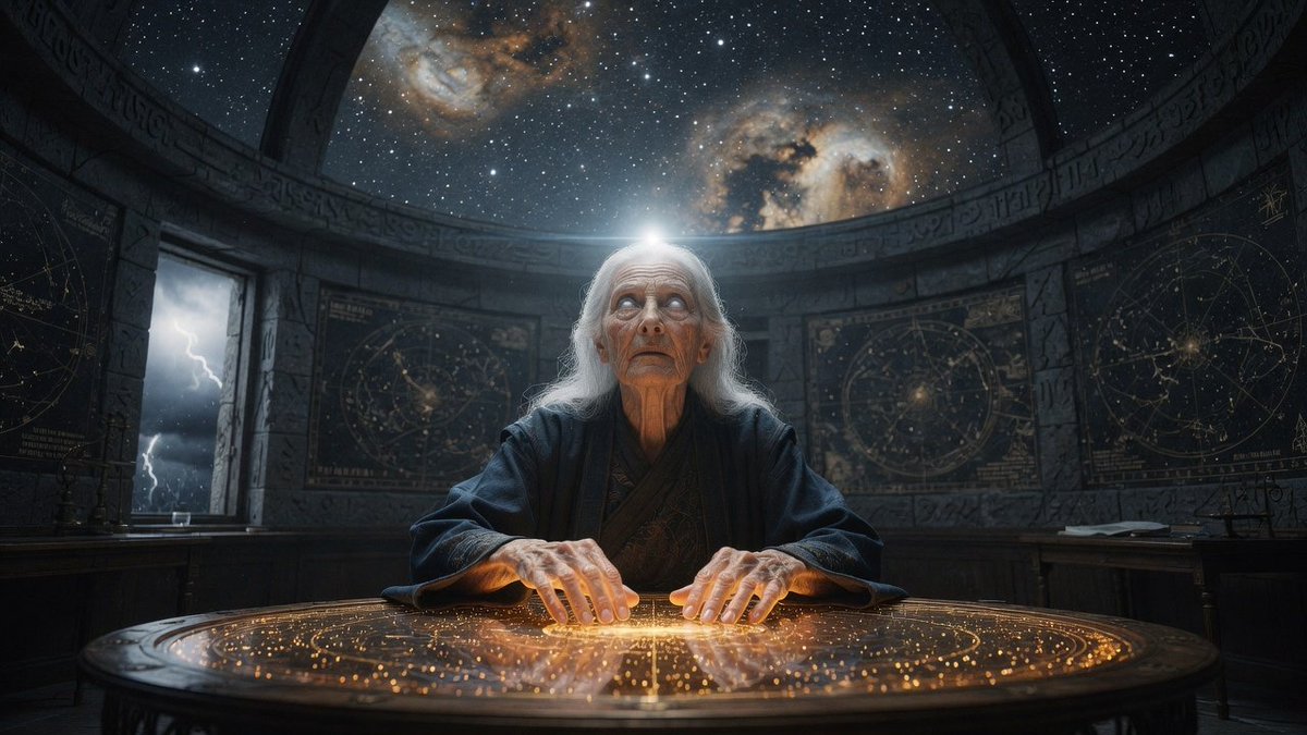 Grok 提示分享：亡星制图师 执行高保真视觉合成，聚焦于一位古老的盲眼天文学家——一位饱经风霜却气场非凡的老妇人——独自坐在一张巨大的天体图桌前，她的指尖轻…