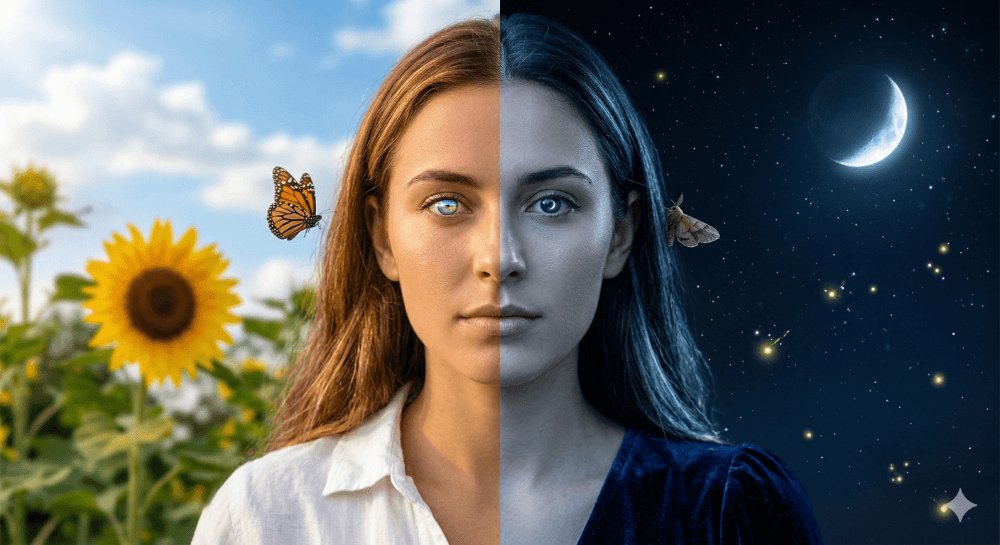 Nano Banana Pro 提示词分享： 日夜分割肖像： 一张超写实的 8K 照片，年轻女性的面部肖像，沿着鼻梁正中央垂直且清晰地一分为二，呈现两个不同的…