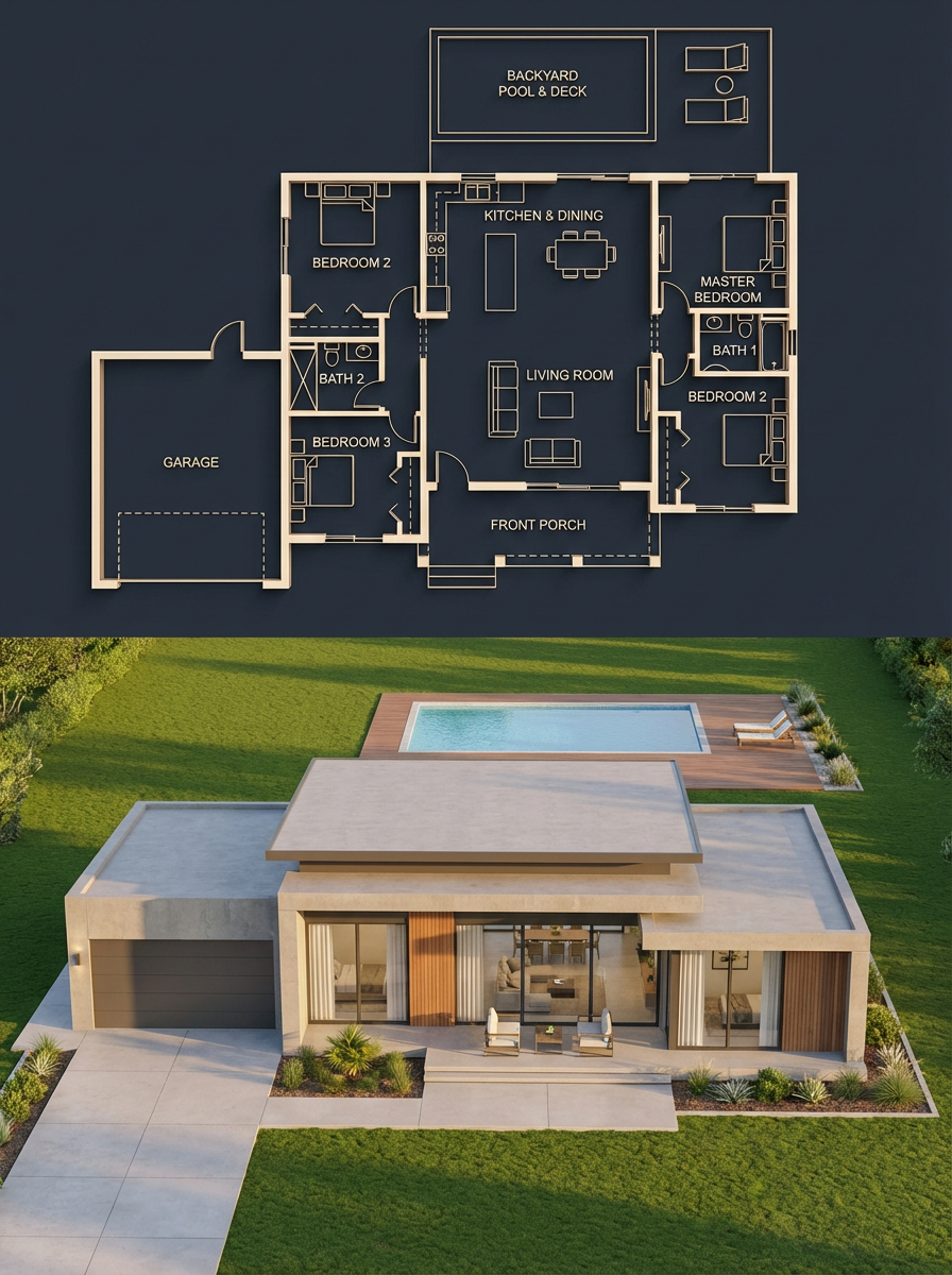 { "objective": "创建一个分屏式建筑可视化效果,上方是详细的深色主题蓝图,下方是与蓝图 EXACTLY（完全）匹配的照片写实风格房屋", "as…