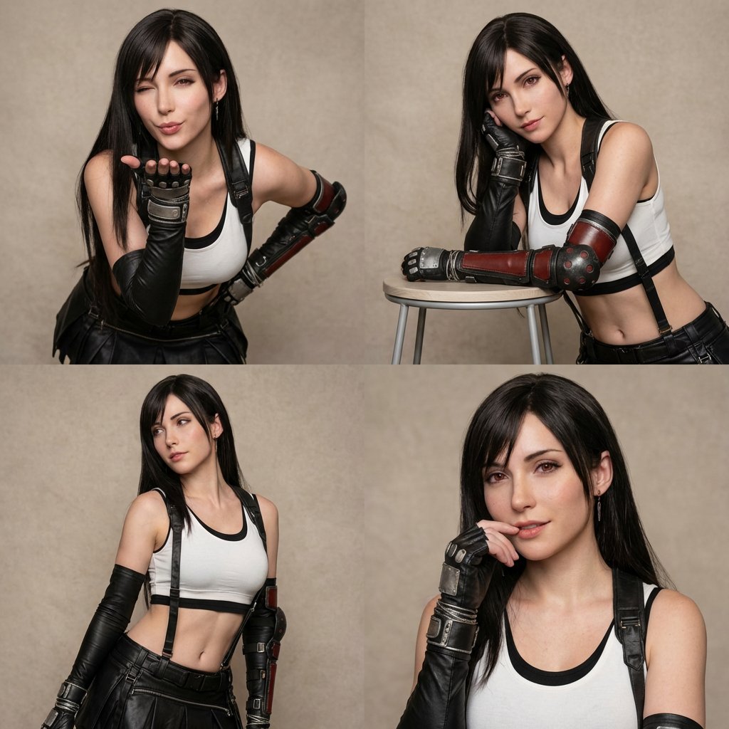 { "objective": "2x2 网格专业时尚摄影，灵感来自 Tifa Lockhart 的女性，性感且自信的姿势", "aspect_ratio"…