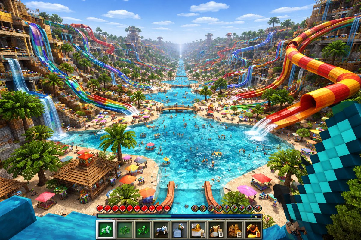 生成一张我的世界（Minecraft）第一人称视角的游戏截图，画面中是一座令人难以置信的巨大水上乐园，仿佛无限延伸。https://t.co/J195JxKE3z