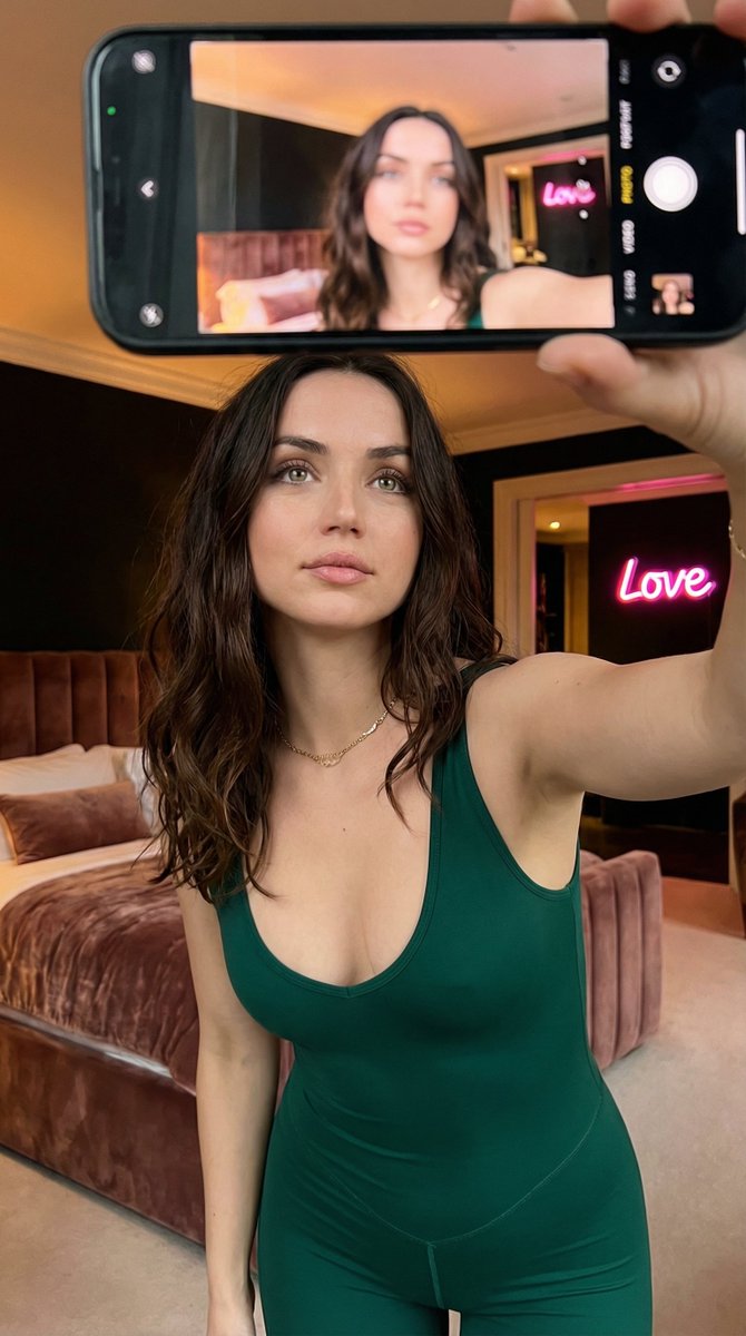 { "subject": { "description":"Ana de Armas 拍摄一张高角度自拍。", "age": "20 多岁", "expression": { "…