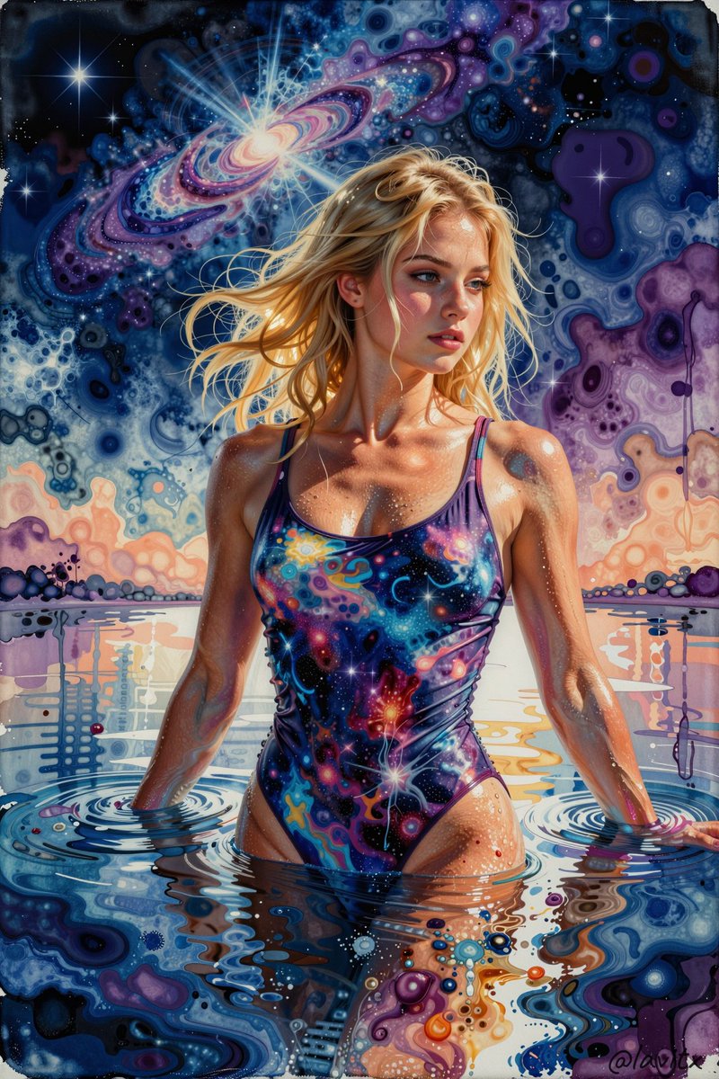 一幅发光的印象派水彩画在夜晚如镜般广阔的神奇湖面上徐徐展开,柔和的笔触以半透明的蓝色与紫色,与暗示动感与能量的表现性墨点飞溅无缝交融,唤起宁静表象下潜藏的暗涌。在这幅天体画卷的中…