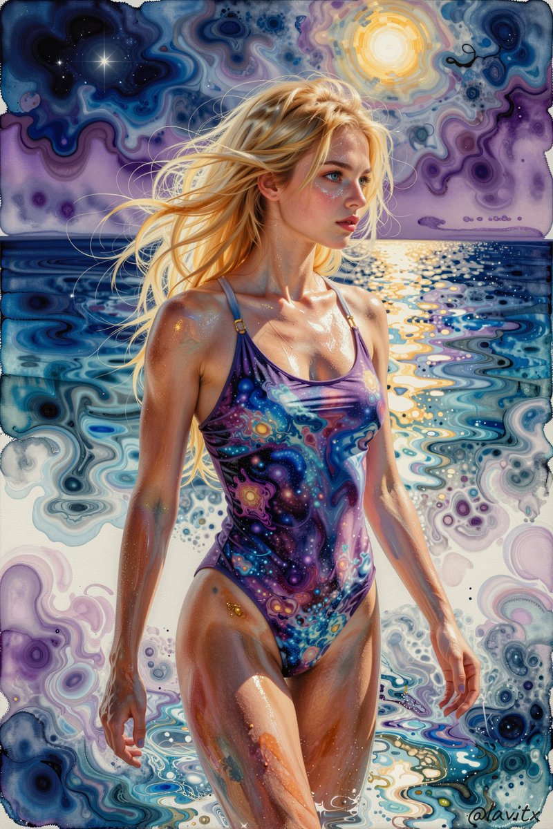 一幅发光的印象派水彩画在夜晚如镜般广阔的神奇湖面上徐徐展开,柔和的笔触以半透明的蓝色与紫色,与暗示动感与能量的表现性墨点飞溅无缝交融,唤起宁静表象下潜藏的暗涌。在这幅天体画卷的中…