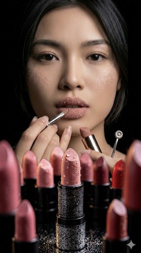 高级时尚社论特写：一位惊艳的东亚女性，肌肤透亮，颧骨处分布着细腻闪粉雀斑。妆容细节：她唇部涂抹哑光灰玫瑰调口红，口红膏体本身带有复杂压花花卉曼陀罗图案。口红表面和她的唇部散落着真…