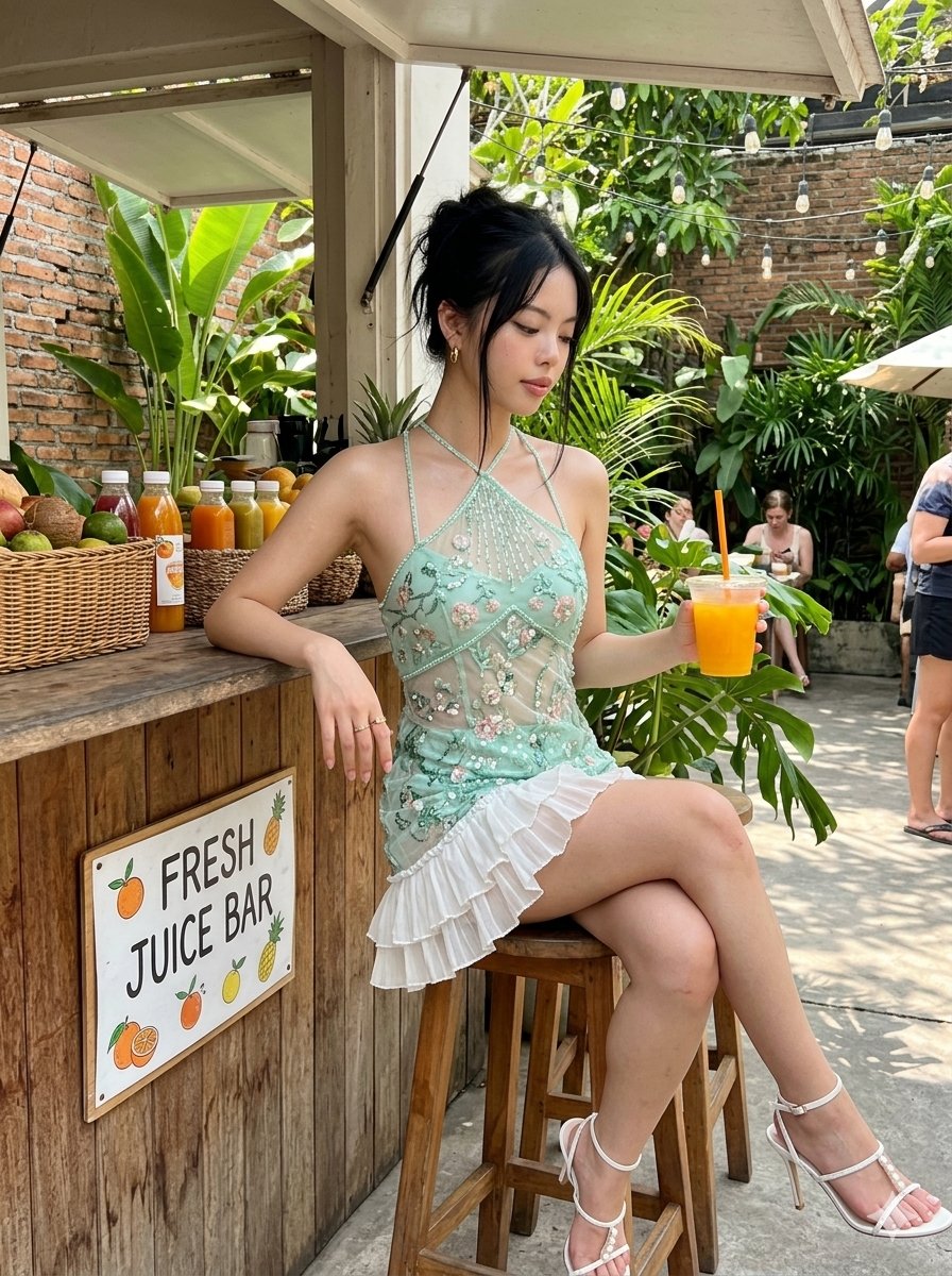 Gemini 纳米香蕉提示词 一张用手机随手抓拍的照片：一位年轻女子侧身坐在一张高脚木凳上，背景是一个小型户外果汁摊，摊位上覆盖着茂密的绿色植物和悬挂的粉色花朵。她身穿薄荷绿挂脖…