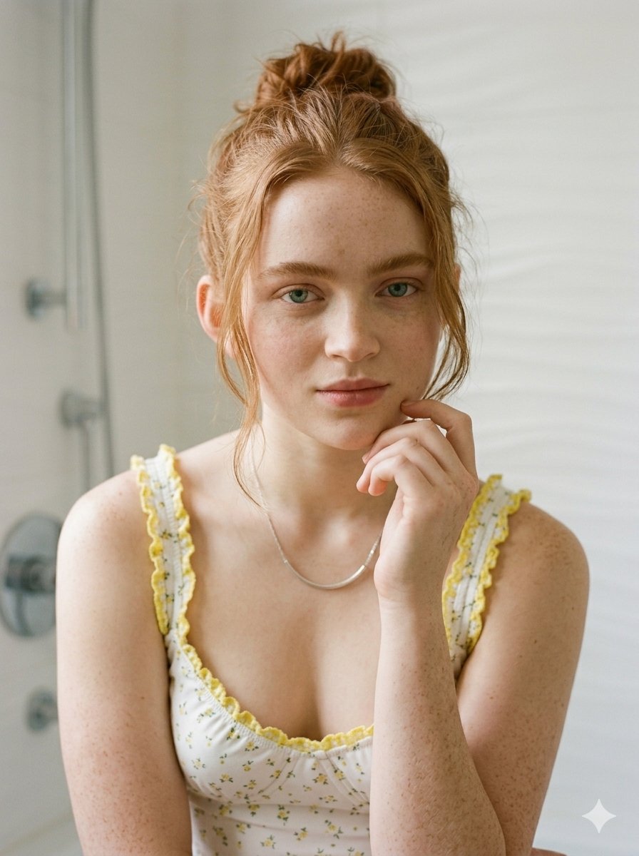 { "type": "image_prompt", "description": { "subject": { "main": "Sadie Sink 头发向上梳起，几缕柔软的碎…