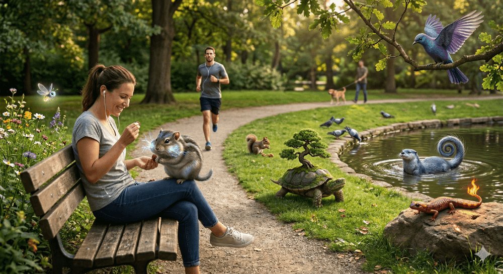 Pokemon In Real Life: Create a hyper-realistic photograph of a regular park sce…