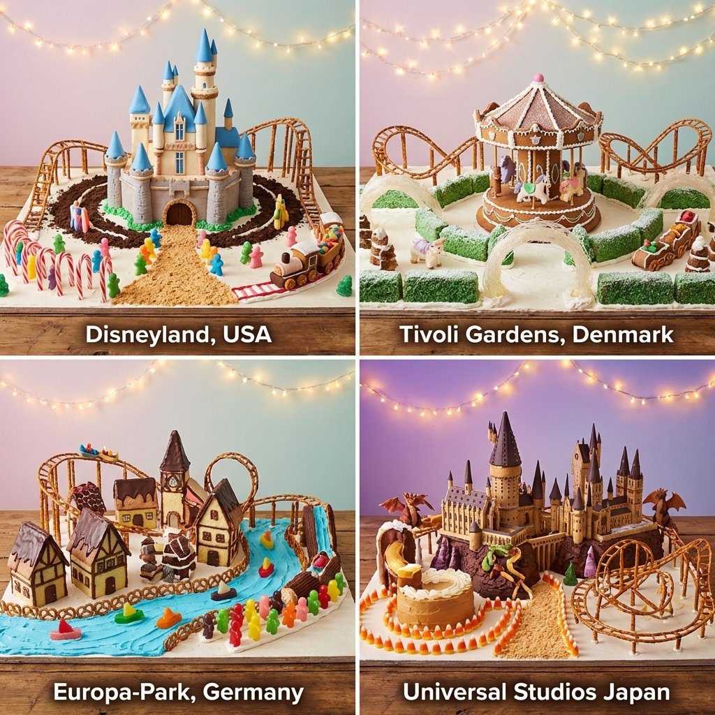 由烘焙食品和糖霜再现的著名游乐园组成的 2x2 网格 结构:[Panel: RANDOM theme park + signature ride; cookie pathways…