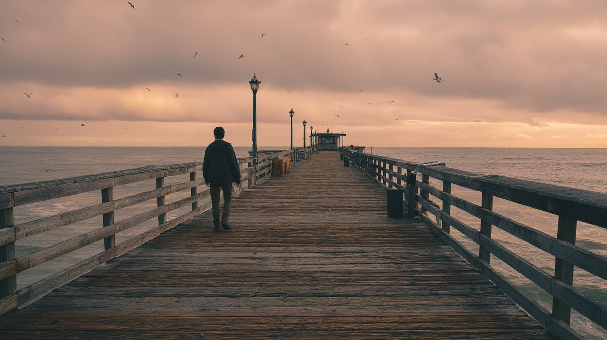 “沿着码头散步，照片，[unsplash] --ar 16:9 --v 8” 在这个提示词中，“photo”（照片）这个词也很重要，因为 V8 倾向于生成绘画…