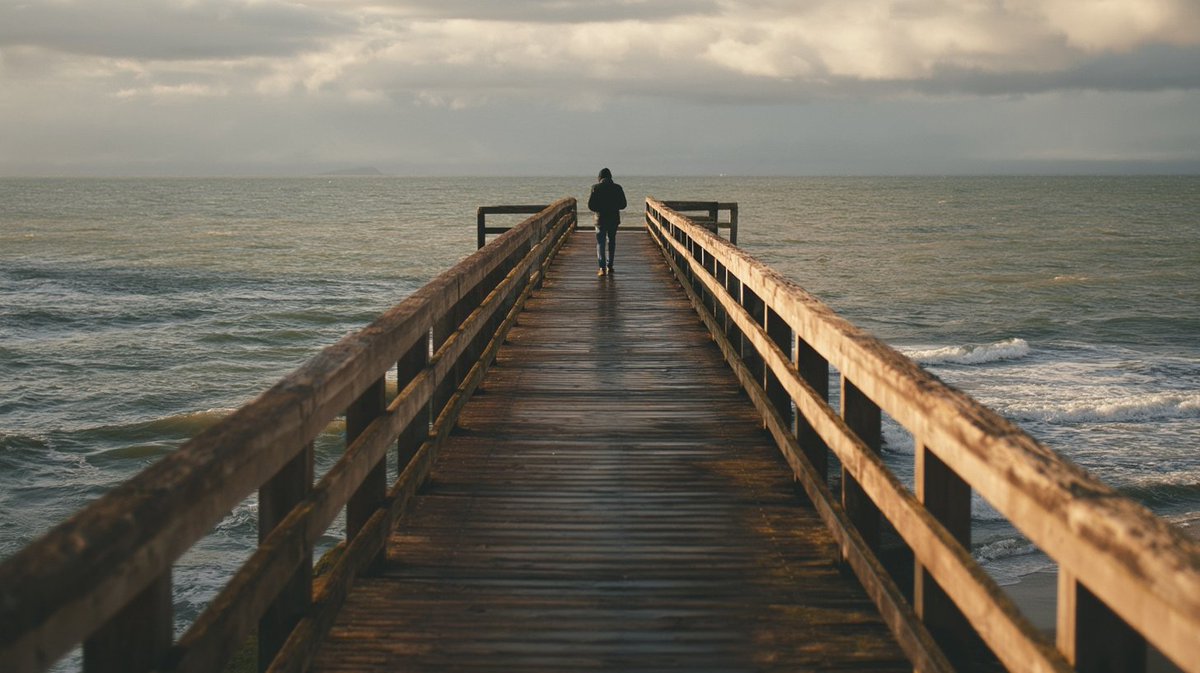 “沿着码头散步，照片，[unsplash] --ar 16:9 --v 8” 在这个提示词中，“photo”（照片）这个词也很重要，因为 V8 倾向于生成绘画而不是照片。左边没有…