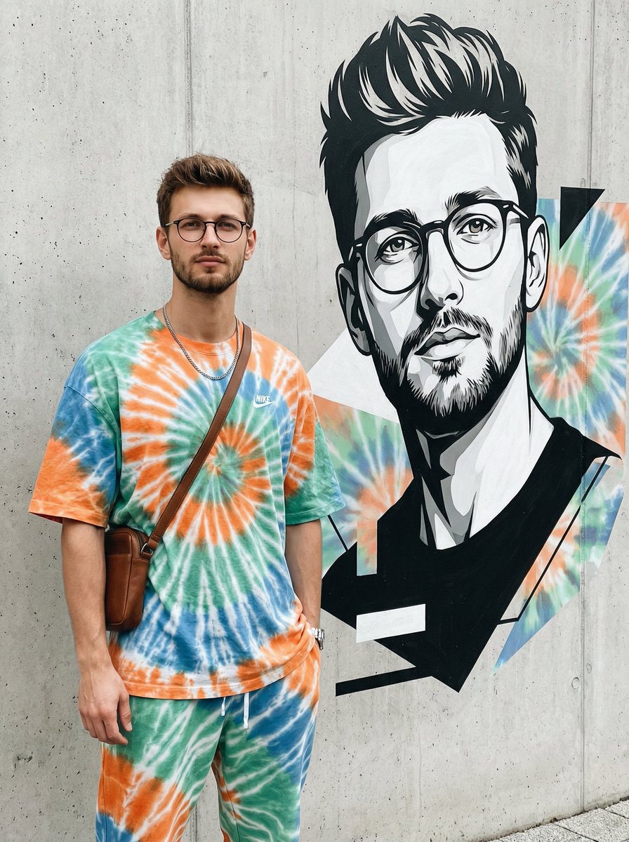 一位时尚的年轻男子靠着一面极简的混凝土墙站立,身旁是一幅巨大的现代壁画,画中正是他自己。他身穿一套宽松、色彩鲜艳的耐克扎染服装(橙色、绿色、蓝色和白色的超大号衬衫和宽松长裤),戴…