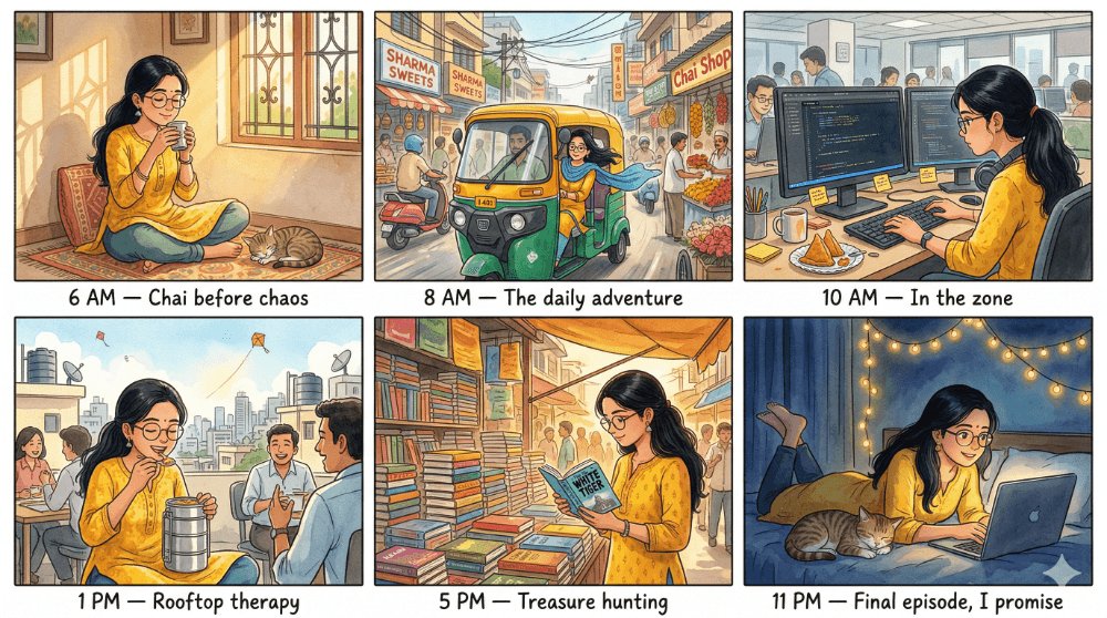 Nano Banana Pro 提示分享： 动漫连环漫画： 创作一幅 6 格水平排列的连环漫画，采用温暖的吉卜力工作室动漫风格，描绘同一位长黑发、戴圆框眼镜、…