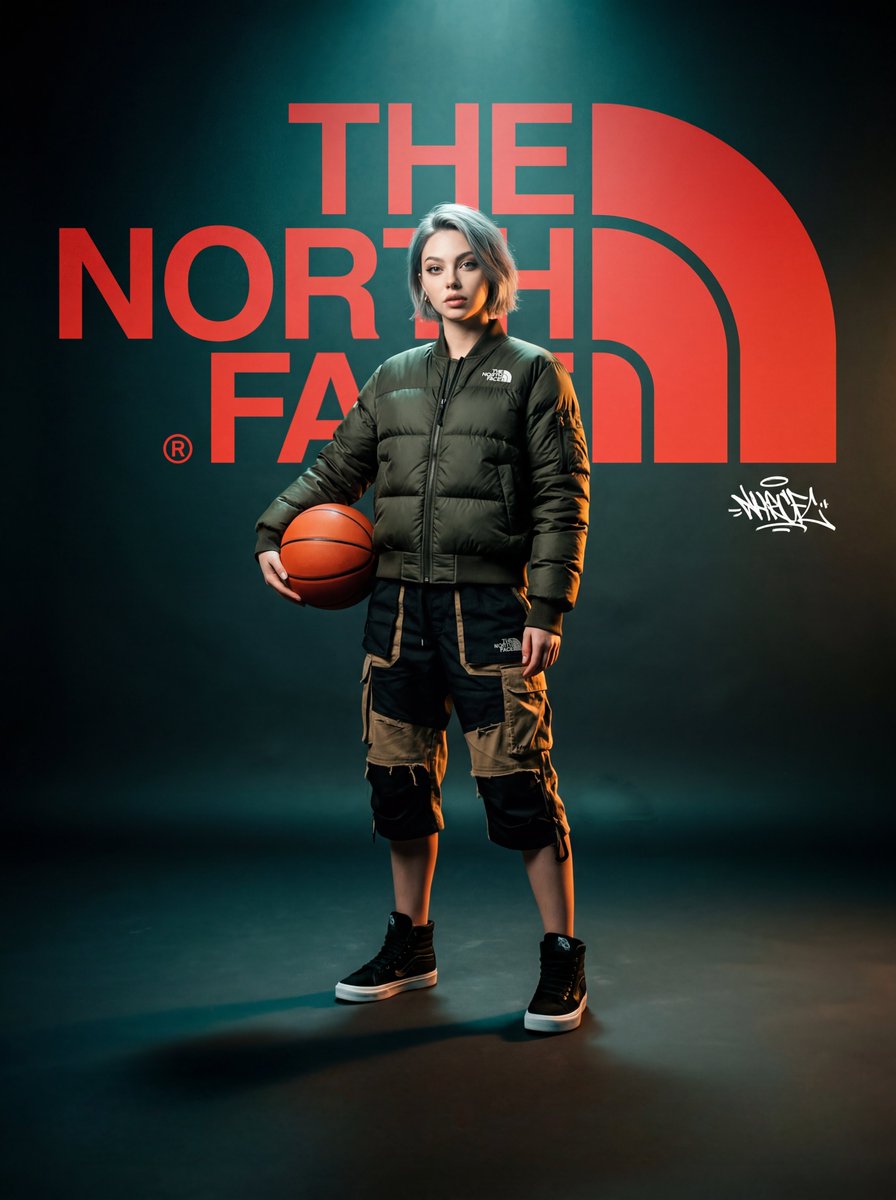 一张高级时尚、电影感的"The North Face"品牌概念海报。画面中，一位女性（使用上传图片中的人物）站在一个风格化的摄影棚里。她/他身穿前卫、宽松的城…