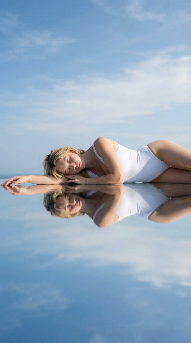 { "prompt": { "subject": { "type": "female", "pose": "lying sideways on a reflective surf…