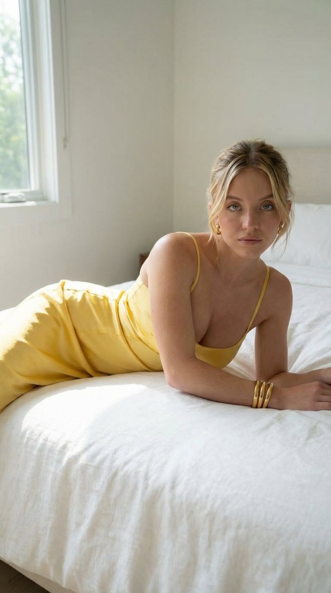 { "prompt": { "subject": { "type": "female", "pose": "lying on her side on a bed, upper b…