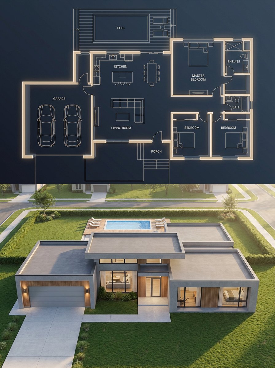 { "objective": "创建一个分屏建筑可视化效果,上方是详细的深色主题蓝图,下方是与蓝图完全匹配的真实感房屋", "aspect_ratio": "3:4", "com…