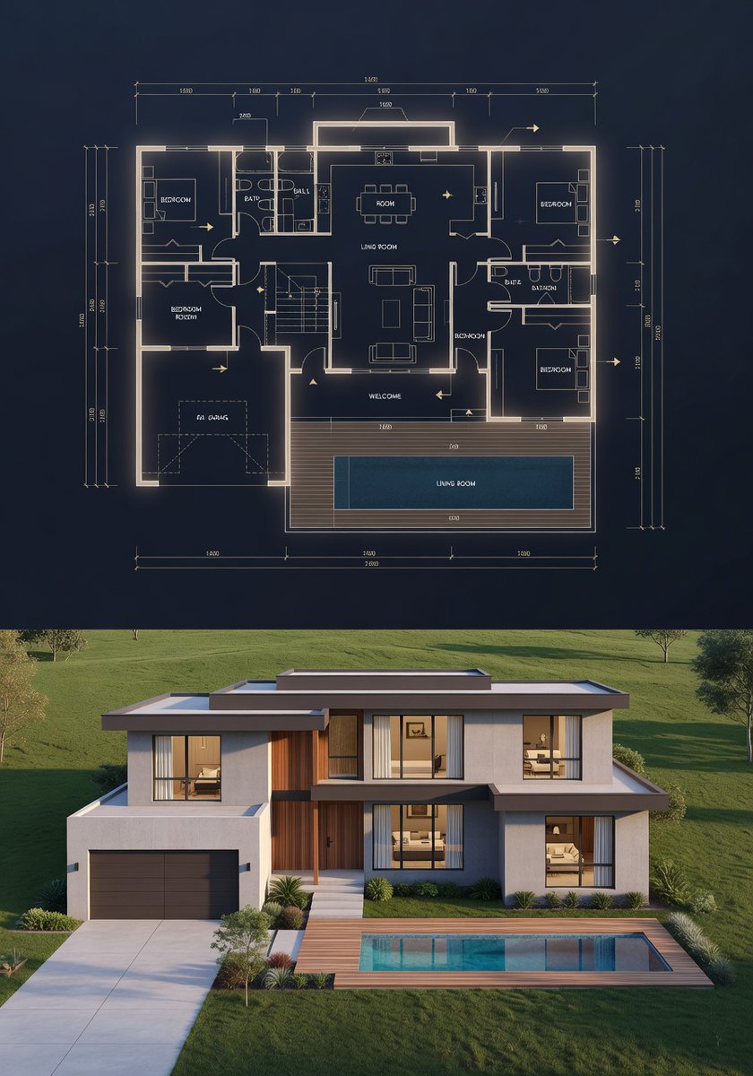 { "objective": "创建一个分屏建筑可视化效果,上方是详细的深色主题蓝图,下方是与蓝图完全匹配的真实感房屋", "aspect_ratio": "3:4", "com…