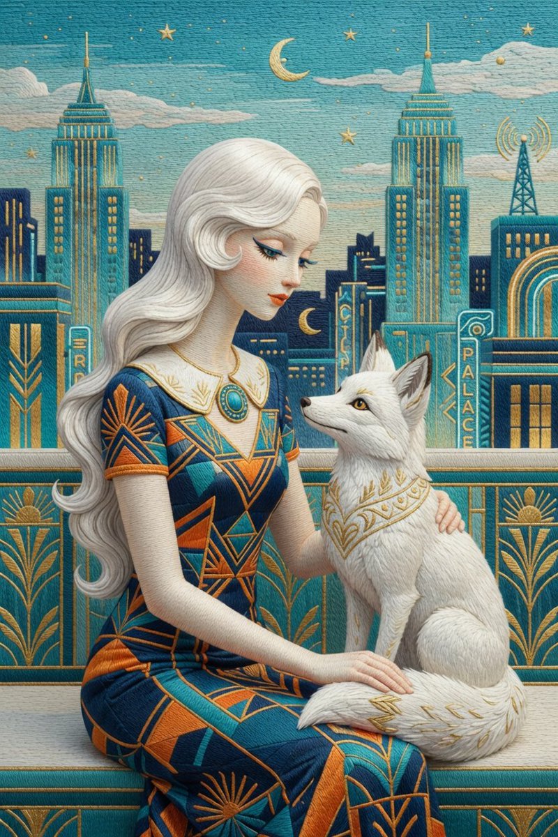 Grok Imagine 提示词分享： 高度精细的3D装饰艺术（Art Deco）刺绣，画面中一位优雅纤细的年轻女子，脖颈修长纤细，与一只优雅的白狐并肩端坐于…