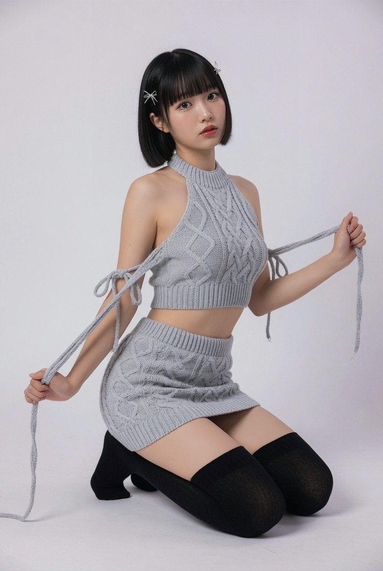 超写实全身工作室肖像：一位20出头的年轻女性，五官具有东亚特征，留着短而顺滑的黑色波波头，配齐刘海和精致的银色发夹；肌肤白皙无瑕，带有自然淡淡的腮红和光泽的唇…