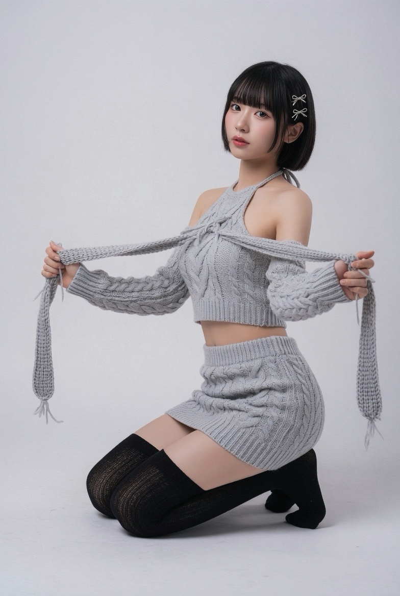 超写实全身工作室肖像：一位20出头的年轻女性，五官具有东亚特征，留着短而顺滑的黑色波波头，配齐刘海和精致的银色发夹；肌肤白皙无瑕，带有自然淡淡的腮红和光泽的唇彩。一双大而有神、带…