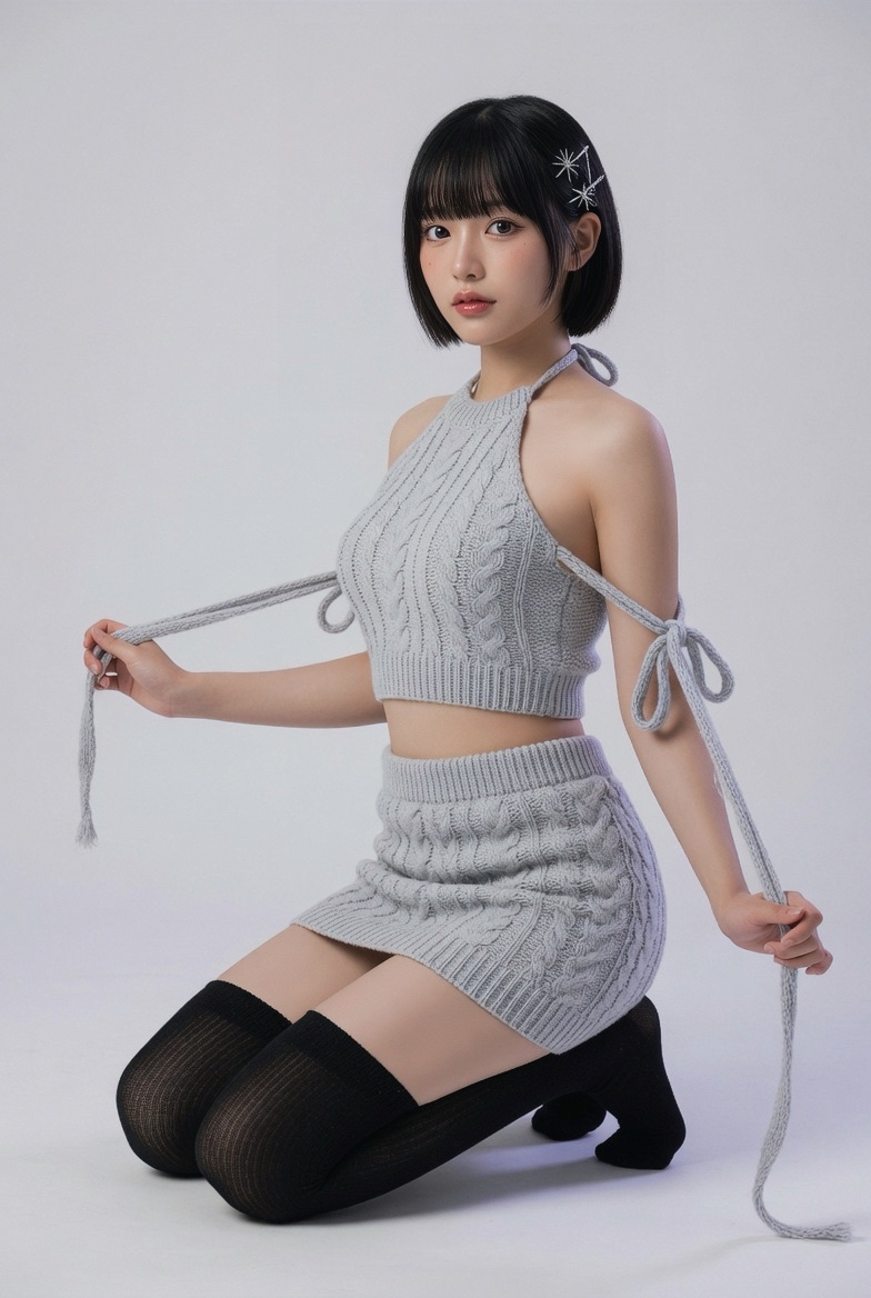 超写实全身工作室肖像：一位20出头的年轻女性，五官具有东亚特征，留着短而顺滑的黑色波波头，配齐刘海和精致的银色发夹；肌肤白皙无瑕，带有自然淡淡的腮红和光泽的唇彩。一双大而有神、带…