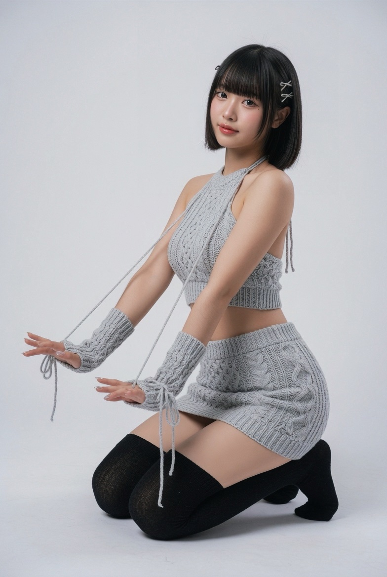 超写实全身工作室肖像：一位20出头的年轻女性，五官具有东亚特征，留着短而顺滑的黑色波波头，配齐刘海和精致的银色发夹；肌肤白皙无瑕，带有自然淡淡的腮红和光泽的唇彩。一双大而有神、带…