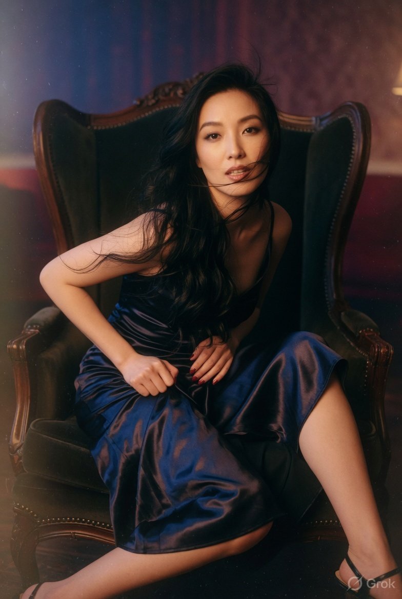超写实时尚大片拍摄，东亚美女端坐于高背翼形扶手椅中，戏剧性斜角姿势，黑色长卷发自然垂落，目光受控而强烈，双唇微微张开，右手置于头后轻撩发丝，左手轻放大腿上，右腿向前伸入前景以增强…