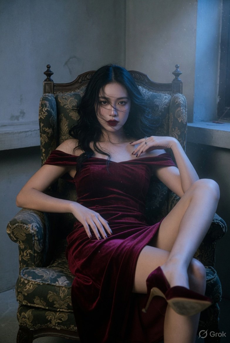 超写实时尚大片拍摄，东亚美女端坐于高背翼形扶手椅中，戏剧性斜角姿势，黑色长卷发自然垂落，目光受控而强烈，双唇微微张开，右手置于头后轻撩发丝，左手轻放大腿上，右腿向前伸入前景以增强…