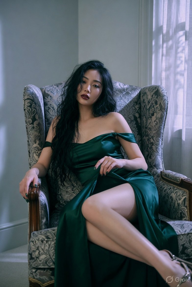 超写实时尚大片拍摄，东亚美女端坐于高背翼形扶手椅中，戏剧性斜角姿势，黑色长卷发自然垂落，目光受控而强烈，双唇微微张开，右手置于头后轻撩发丝，左手轻放大腿上，右腿向前伸入前景以增强…