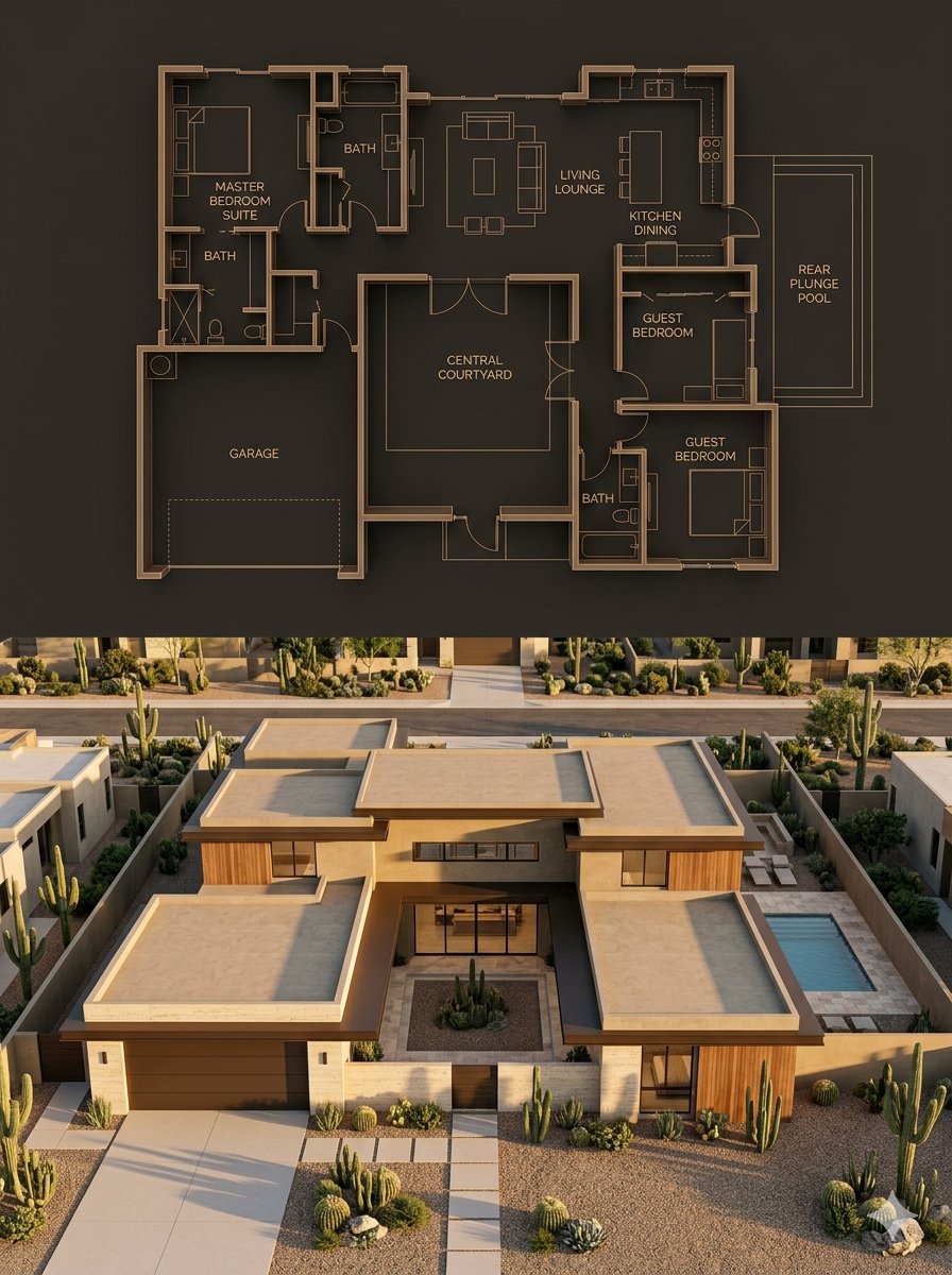{ "objective": "创建一个建筑分屏可视化效果,上半部分为深色豪华蓝图,下半部分为电影感沙漠风格现代住宅渲染图,两者在结构和平面上完美对齐", "aspect_rat…