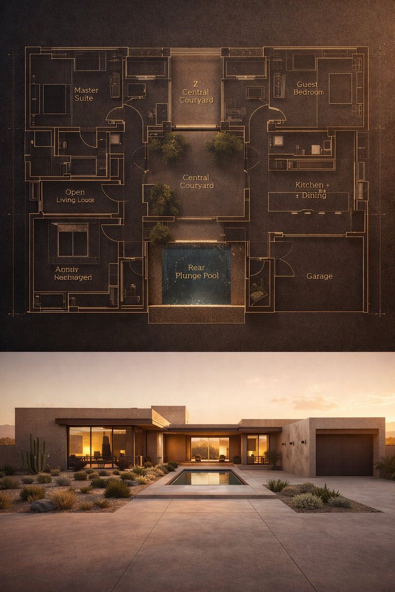 { "objective": "创建一个建筑分屏可视化效果,上半部分为深色豪华蓝图,下半部分为电影感沙漠风格现代住宅渲染图,两者在结构和平面上完美对齐", "aspect_rat…