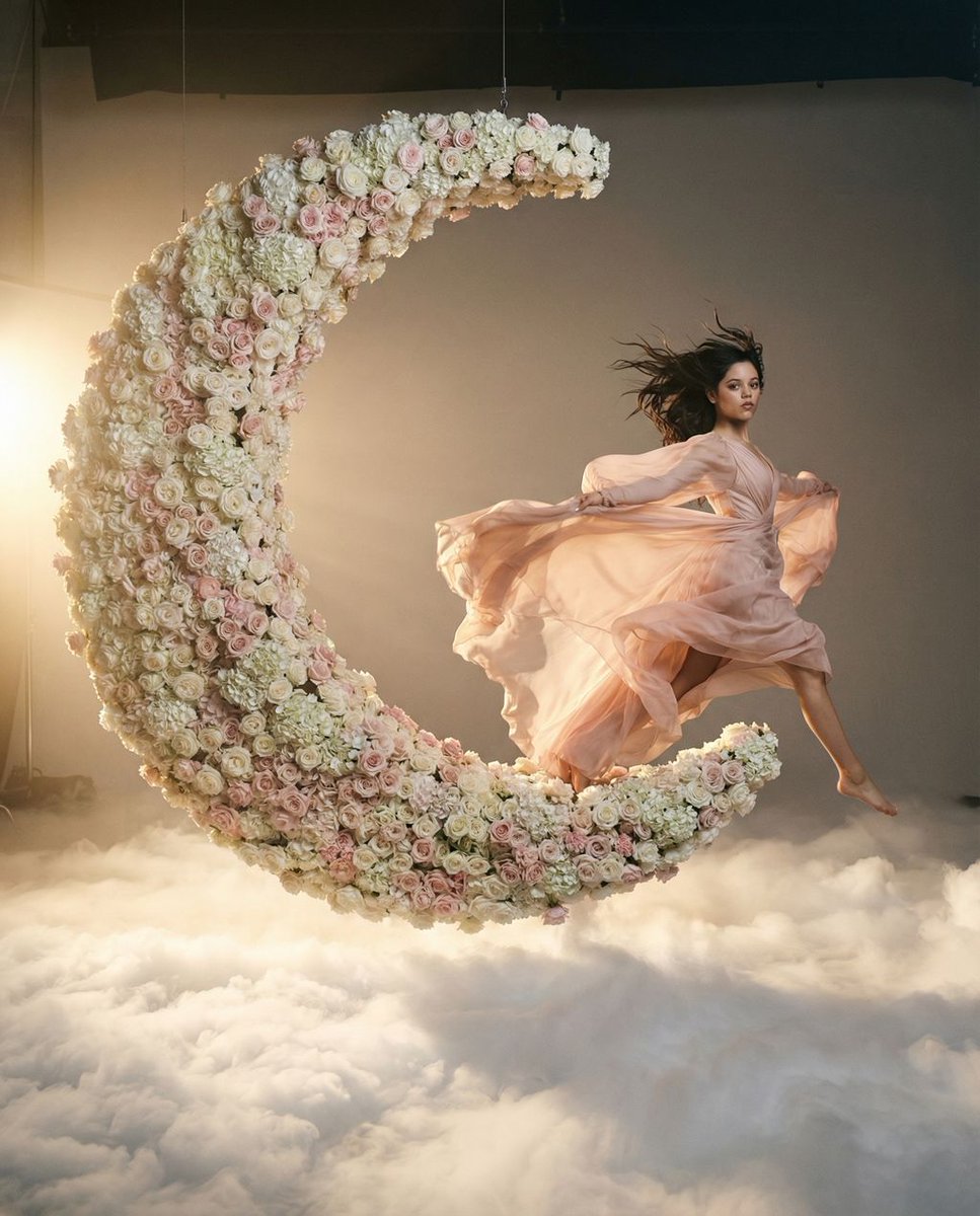 悬浮于花之轨道的动态梦境。一幅超写实的中画幅编辑级摄影作品。构图：电影三分法。主角位于画面右侧三分之一的边缘处，左侧留出大面积负空间。主体与动作（动态缪斯）…