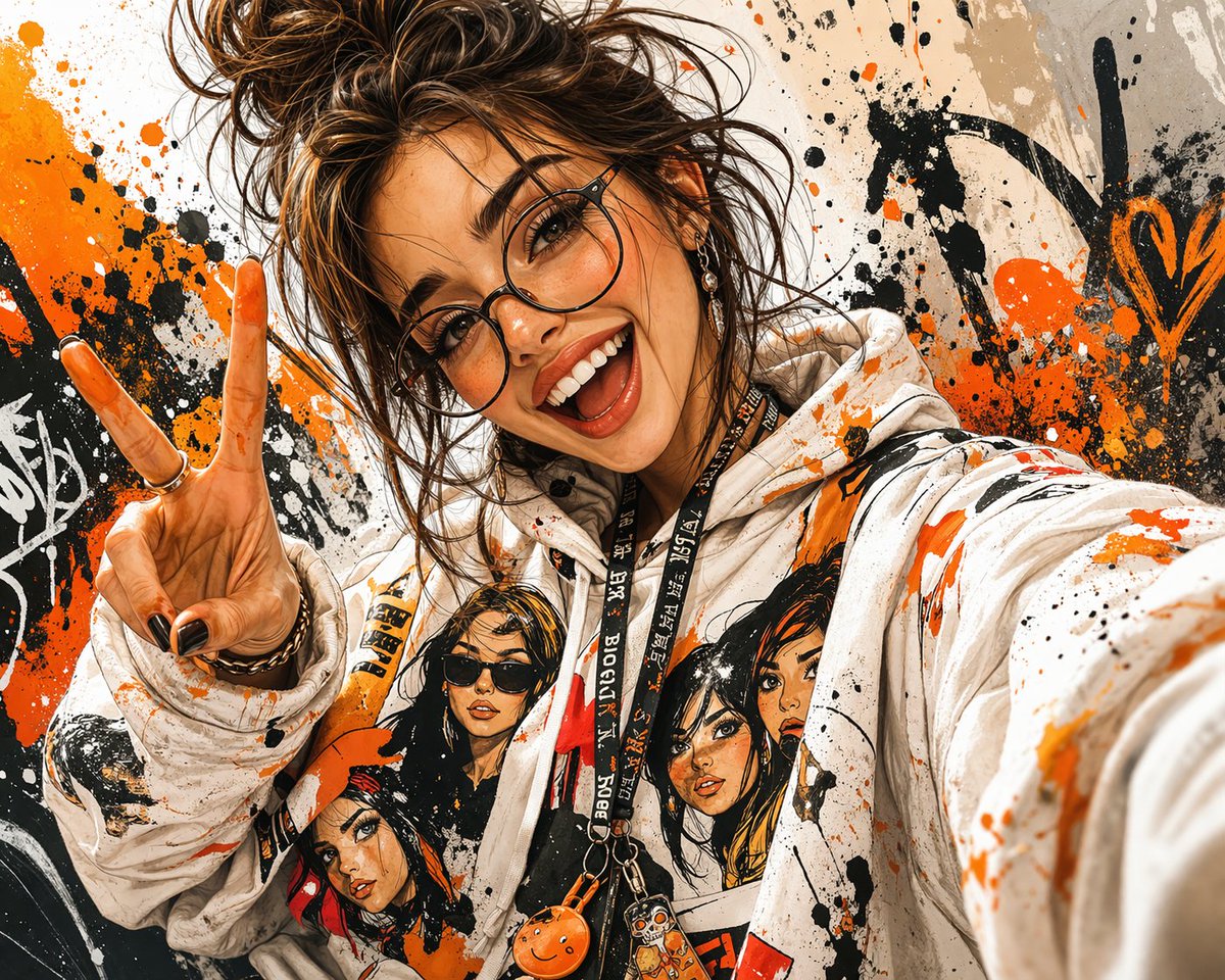 一幅充满活力的风格化数字插画,画中是一位戴着眼镜的年轻女性,她对着镜头开心地咧嘴大笑,并比出和平手势。她有着凌乱的棕色头发,扎成发髻并散落着几缕碎发,眼神富有表现力,表情俏皮而充…