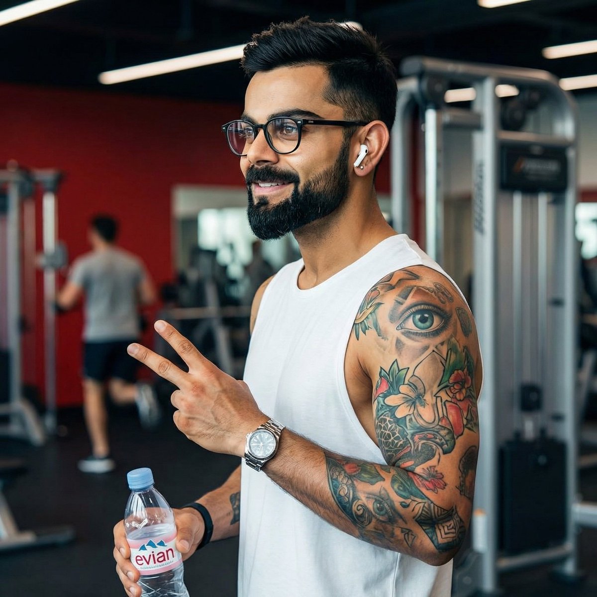 现代健身房中 Virat Kohli 的照片级写实肖像,高度细节,对焦锐利。他是一位肌肉发达的印度男性,留着修剪整齐的黑色胡须和造型有型的黑色头发,戴着黑框眼镜。他面带自信的笑容…