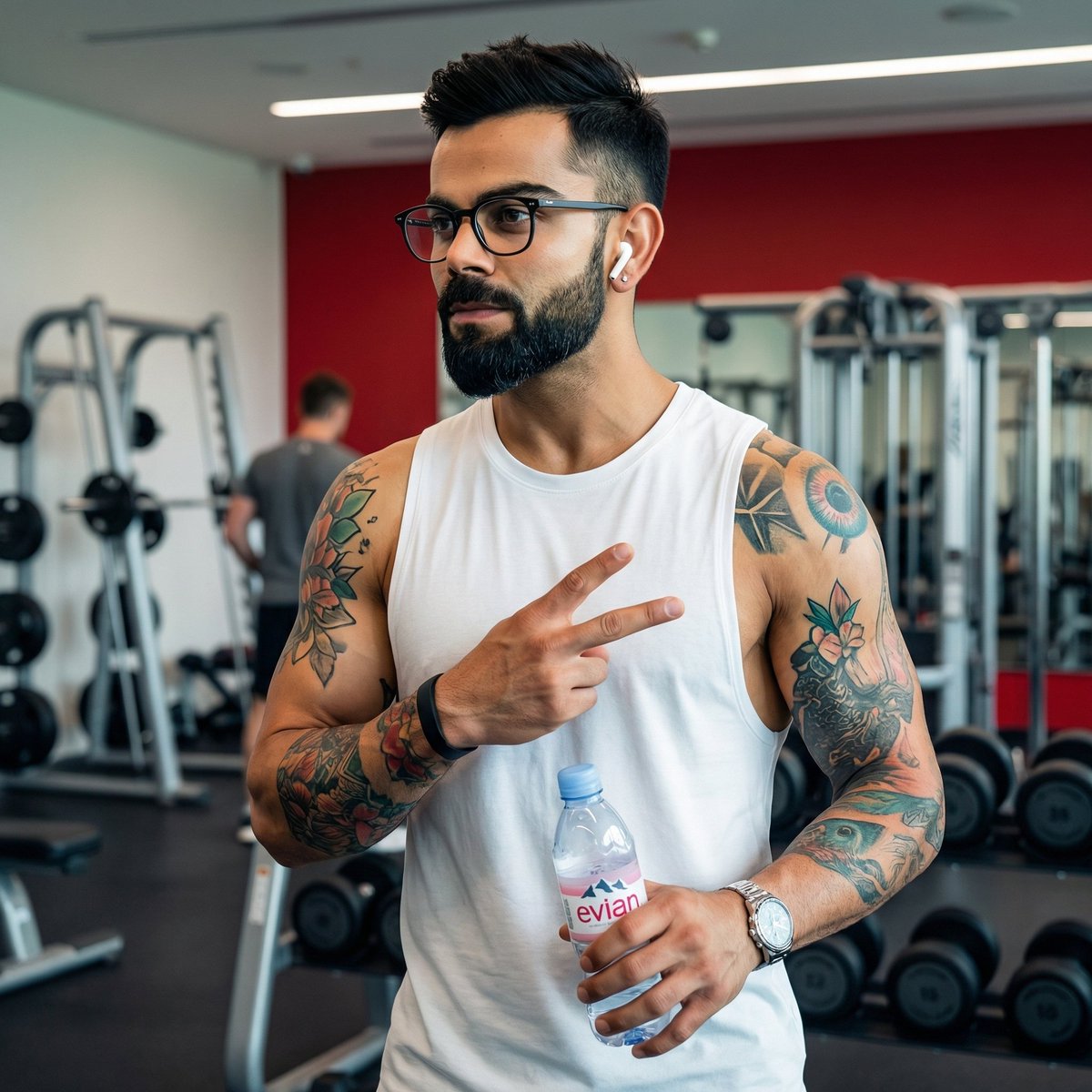 现代健身房中 Virat Kohli 的照片级写实肖像,高度细节,对焦锐利。他是一位肌肉发达的印度男性,留着修剪整齐的黑色胡须和造型有型的黑色头发,戴着黑框眼镜。他面带自信的笑容…