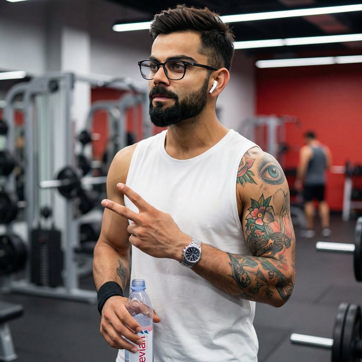 现代健身房中 Virat Kohli 的照片级写实肖像,高度细节,对焦锐利。他是一位肌肉发达的印度男性,留着修剪整齐的黑色胡须和造型有型的黑色头发,戴着黑框眼镜。他面带自信的笑容…