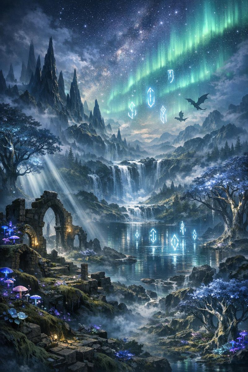 一片广袤、空灵的奇幻景观在黄昏时分展开,锯齿状的黑曜石尖塔刺破深靛蓝与翡翠绿交织的极光闪烁的天幕,古老的生物发光……更多内容请参见替代文本 #aiart https://t.co…