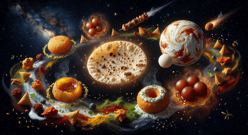 Grok Imagine 图像提示分享。 美食星系： 一个宇宙/太空场景，各种印度街头小吃漂浮在深空中，仿佛它们是美味星系中的行星、卫星和天体。 𝗧𝗛𝗘 𝗙𝗼…