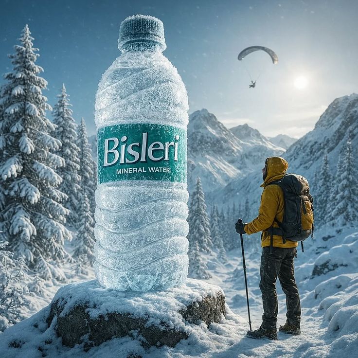 超写实电影感照片:一座巨大的冰冻矿泉水瓶矗立在高海拔高山景观中一块被积雪覆盖的岩石上,周围是覆盖着新雪的茂密松树。矿泉水瓶的品牌名称为 (BRAND NAME)。一位身穿亮红色夹…